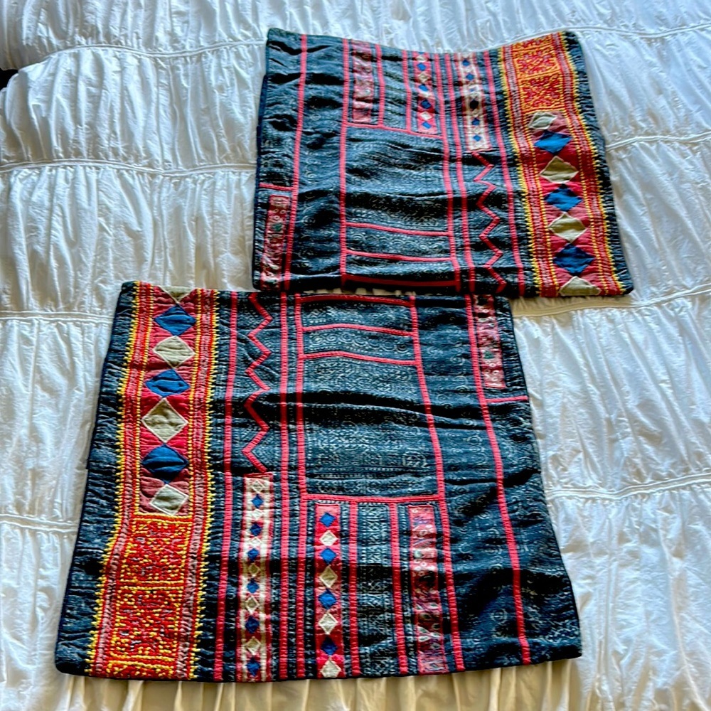 2 pottery barn pillows w button back closures. 19” x 19”. Boho hippie vibes. EUC